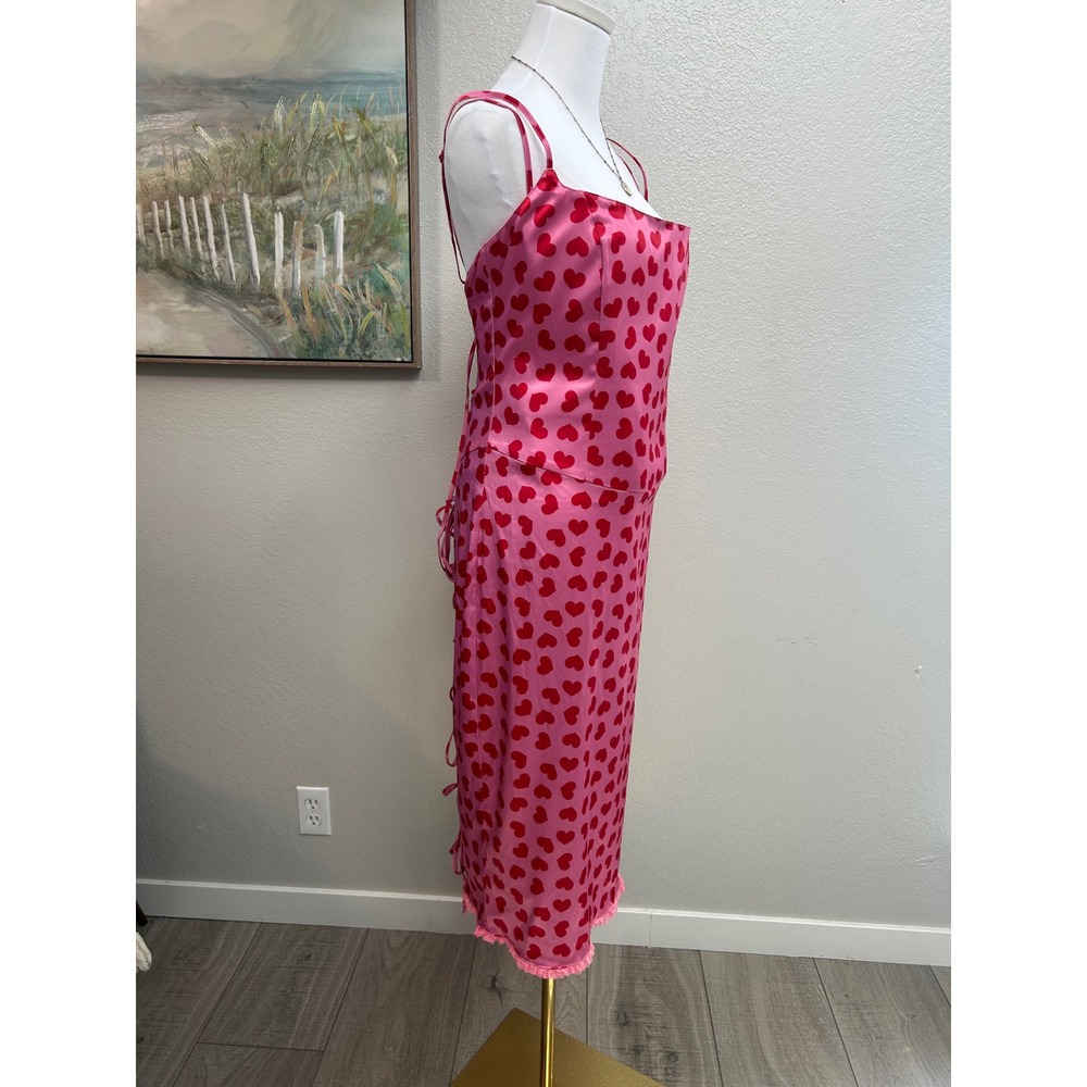 Sugar Thrillz Pink Heart Print Satin Midi Dress XXL Lace Up Corset Back - Picture 2 of 11